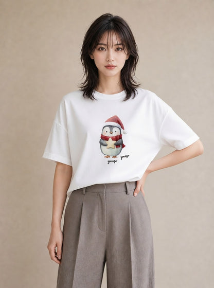 グラフィックTシャツ レディース ペンギン ぺんぎん 動物 アニマル イラスト こなれ感 通学 誕生日プレゼント 白T