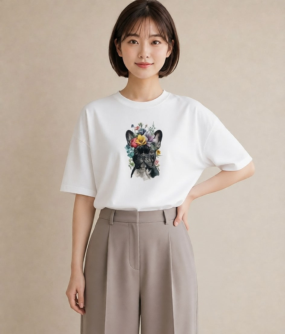 デザインTシャツ レディース フレンチブルドッグ フレブル 犬 いぬ イラスト カフェ服 クリスマス 白T