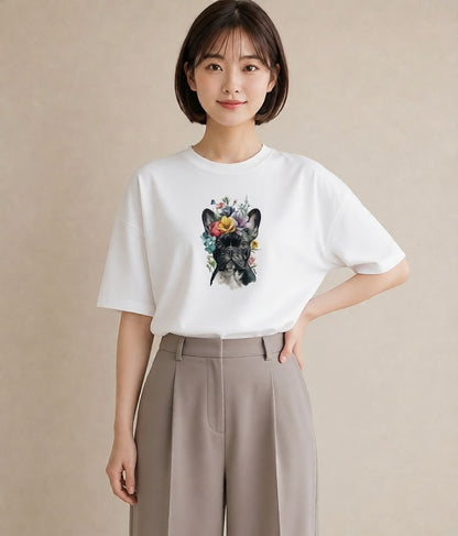 デザインTシャツ レディース フレンチブルドッグ フレブル 犬 いぬ イラスト カフェ服 クリスマス 白T
