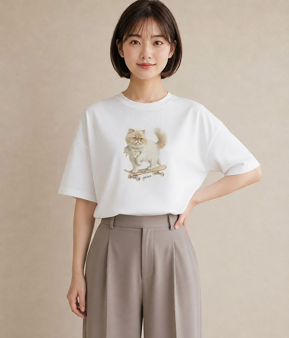 Tシャツ レディース ペルシャ 猫 ねこ イラスト 個性的 春服 ミセス 白T