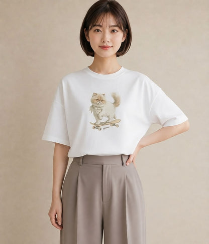 Tシャツ レディース ペルシャ 猫 ねこ イラスト 個性的 春服 ミセス 白T