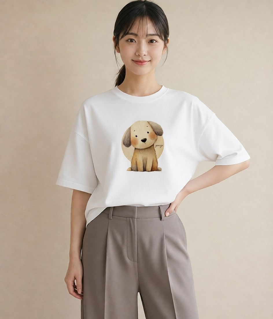 グラフィックTシャツ レディース 犬 いぬ イラスト ナチュラル 20代 カジュアルコーデ 白T