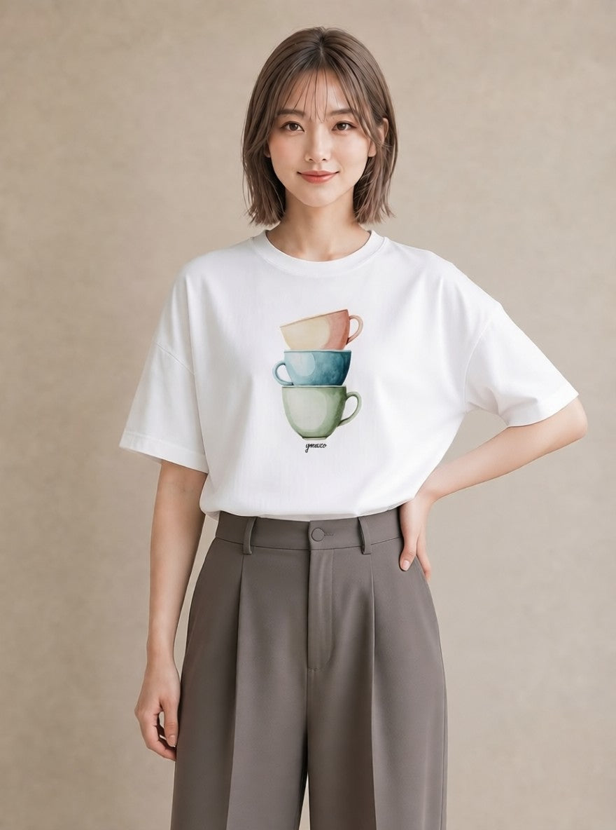 Tシャツ レディース カフェラテ 食べ物 フード イラスト ニュアンス 友達ギフト 部屋着 白T
