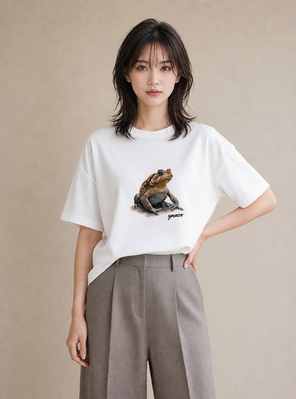 グラフィックTシャツ レディース カエル ペット 動物 イラスト ラフカジュアル 社会人 女性 白T
