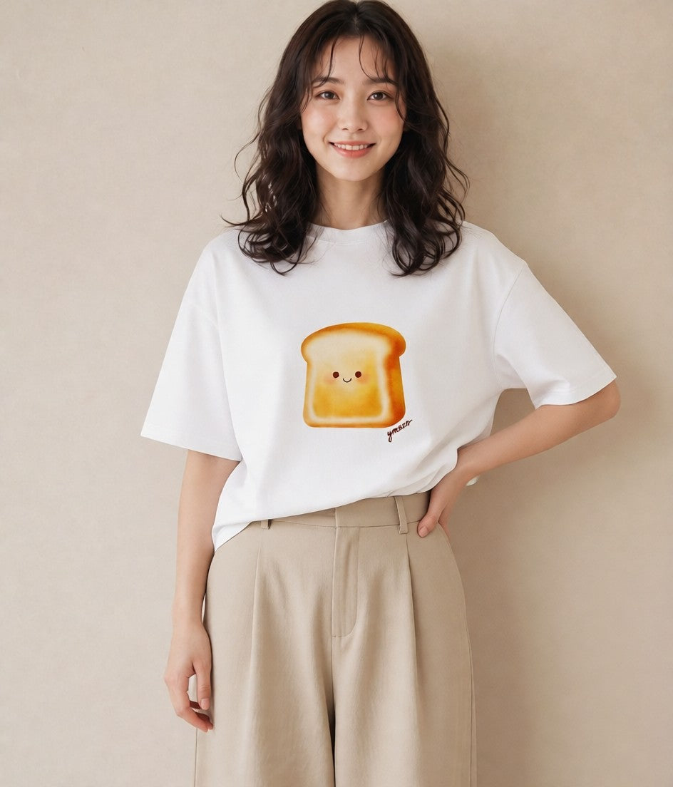 デザインTシャツ レディース パン 食べ物 フード イラスト カジュアル 春服 ミセス 白T