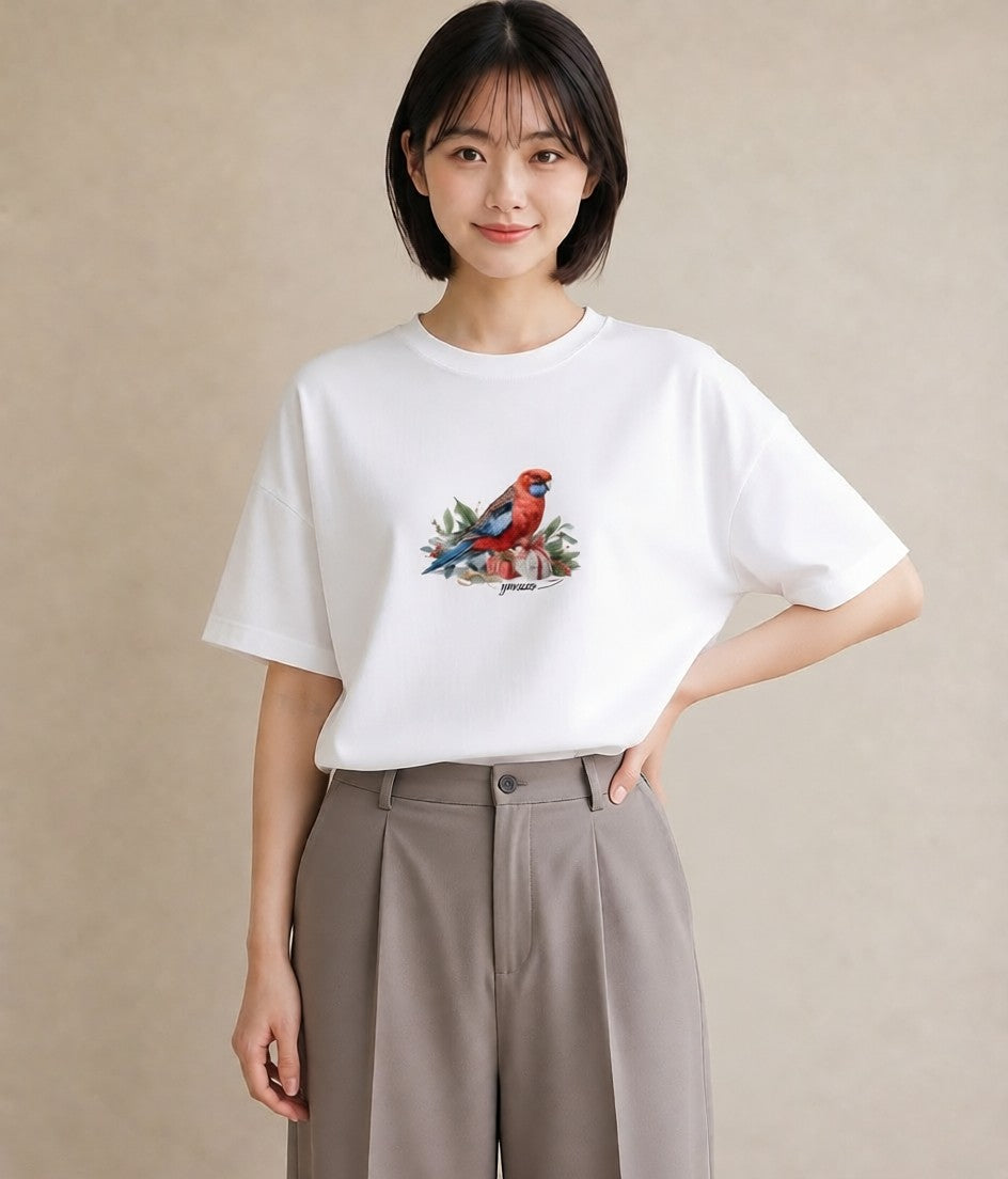 半袖Tシャツ レディース セキセイインコ ペット 動物 イラスト ナチュラル 旅行用 海 白T