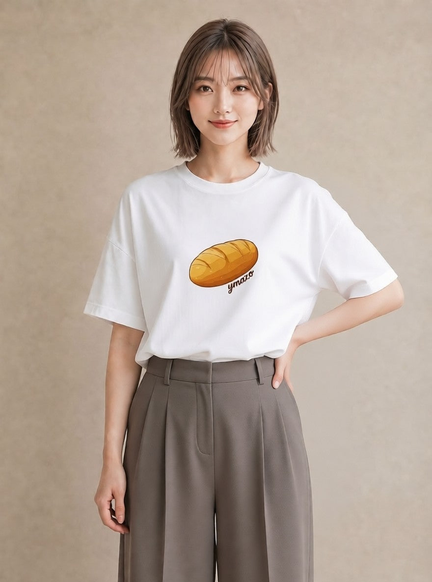 プリントTシャツ レディース パン 食べ物 フード イラスト 淡色 買い物 夏コーデ 白T