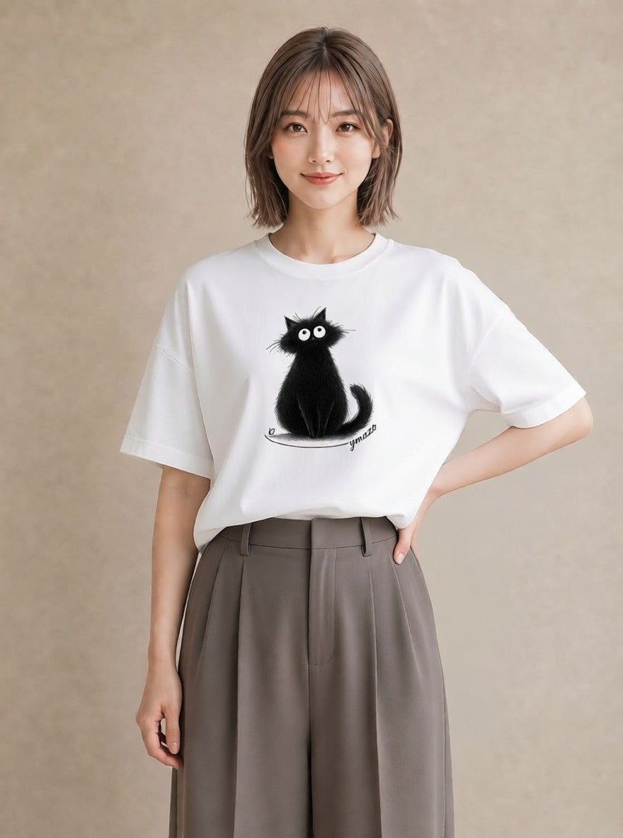 デザインTシャツ レディース 黒猫 猫 ねこ イラスト きれいめカジュアル 自分用 ルームウェア 白T