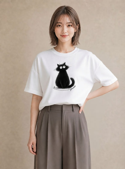 デザインTシャツ レディース 黒猫 猫 ねこ イラスト きれいめカジュアル 自分用 ルームウェア 白T