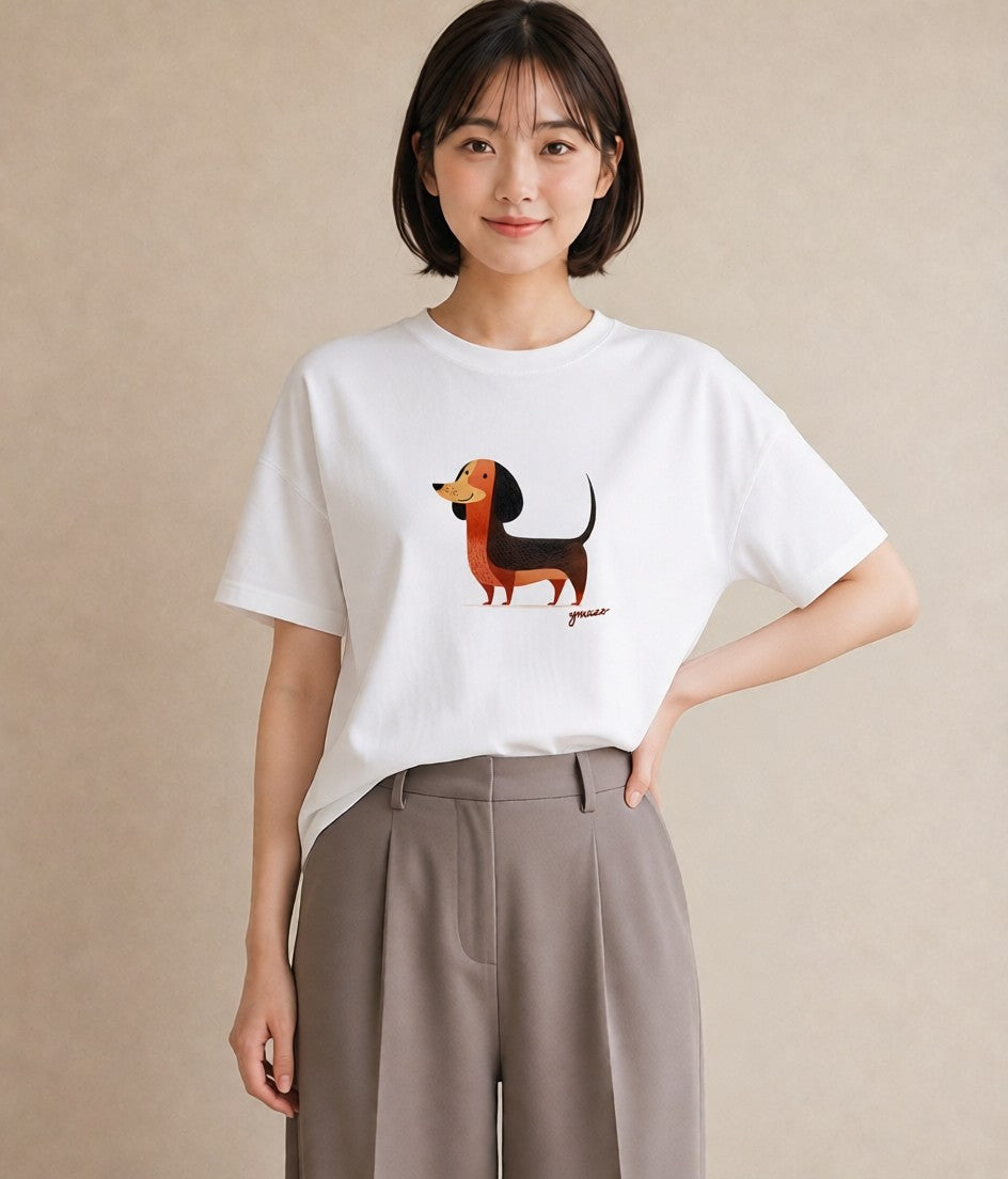 グラフィックTシャツ レディース ミニチュアダックスフンド 犬 いぬ イラスト シック カフェ巡り 女子会 白T