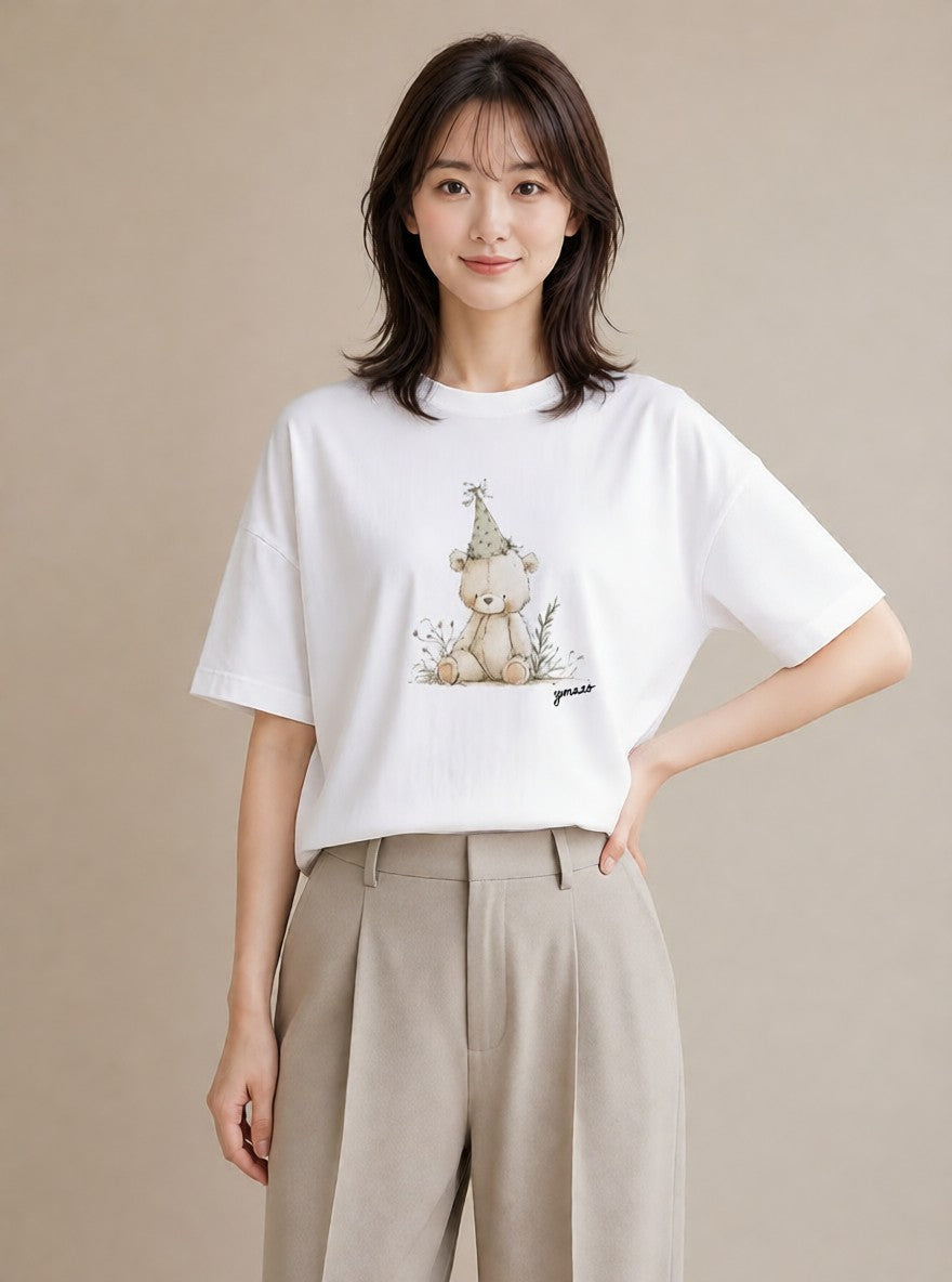 プリントTシャツ レディース くま クマ ベア 動物 アニマル イラスト ユニーク カジュアルコーデ 買い物 白T
