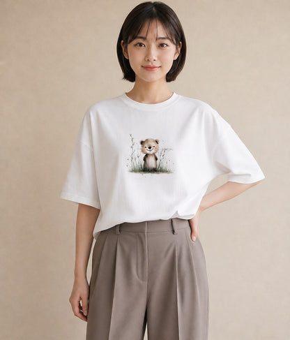 半袖Tシャツ レディース カワウソ 動物 アニマル イラスト 上品 送別ギフト 通勤 白T