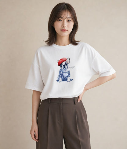 Tシャツ レディース フレンチブルドッグ フレブル 犬 いぬ イラスト カフェコーデ 送別ギフト 通勤 白T