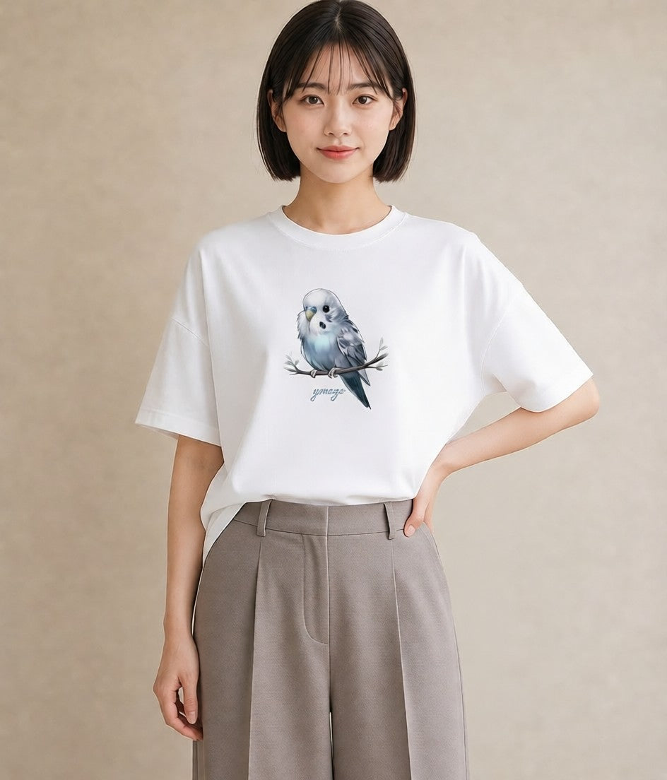 Tシャツ レディース 白文鳥 ペット 動物 イラスト きれいめカジュアル 在宅 公園 白T