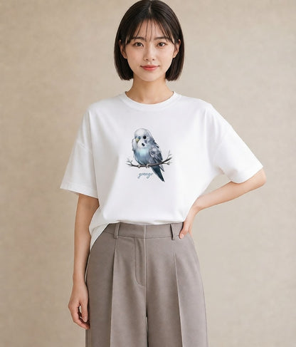 Tシャツ レディース 白文鳥 ペット 動物 イラスト きれいめカジュアル 在宅 公園 白T