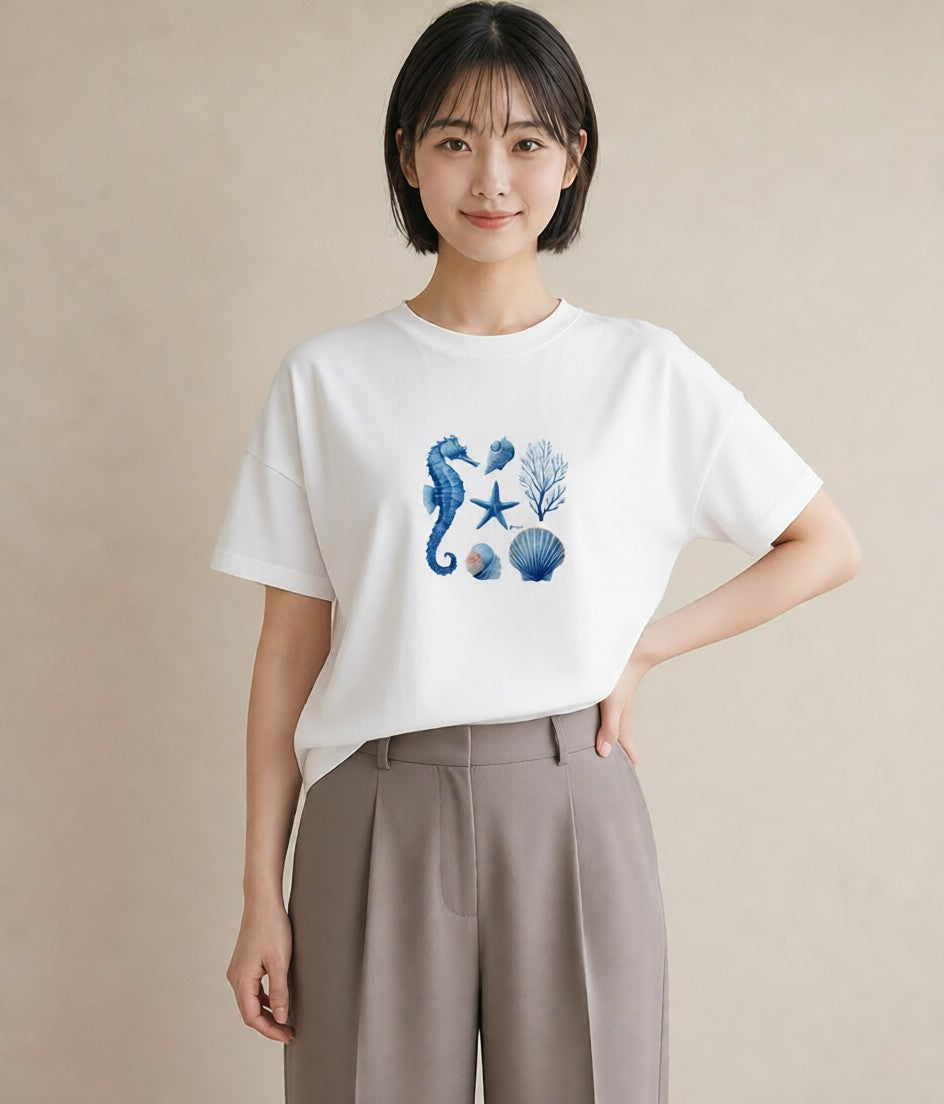 半袖Tシャツ レディース タツノオトシゴ 海の生き物 海 イラスト ヴィンテージ風 休日 ペアコーデ 白T