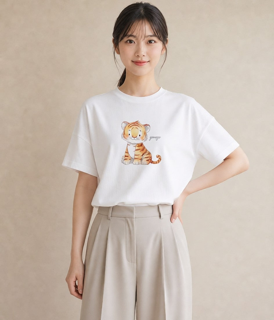 Tシャツ レディース 茶トラ 茶猫 猫 ねこ イラスト ポップ ラフ レイヤード 白T