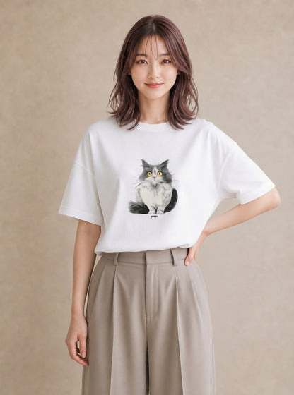 プリントTシャツ レディース メインクーン 猫 ねこ イラスト こなれ感 母娘コーデ 自分用 白T