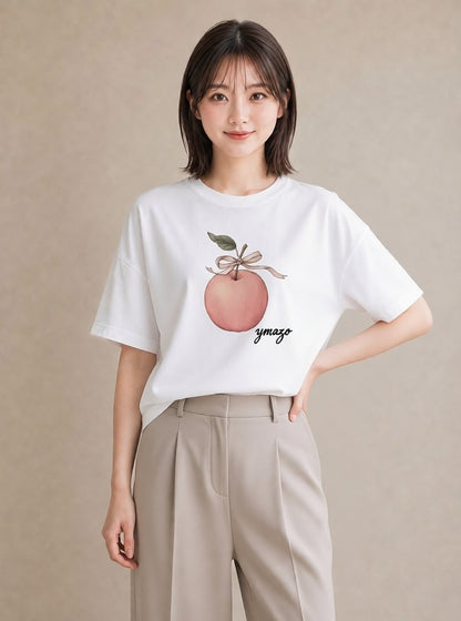 プリントTシャツ レディース りんご 林檎 アップル 食べ物 フード イラスト ガーリー 帰省 ラフ 白T