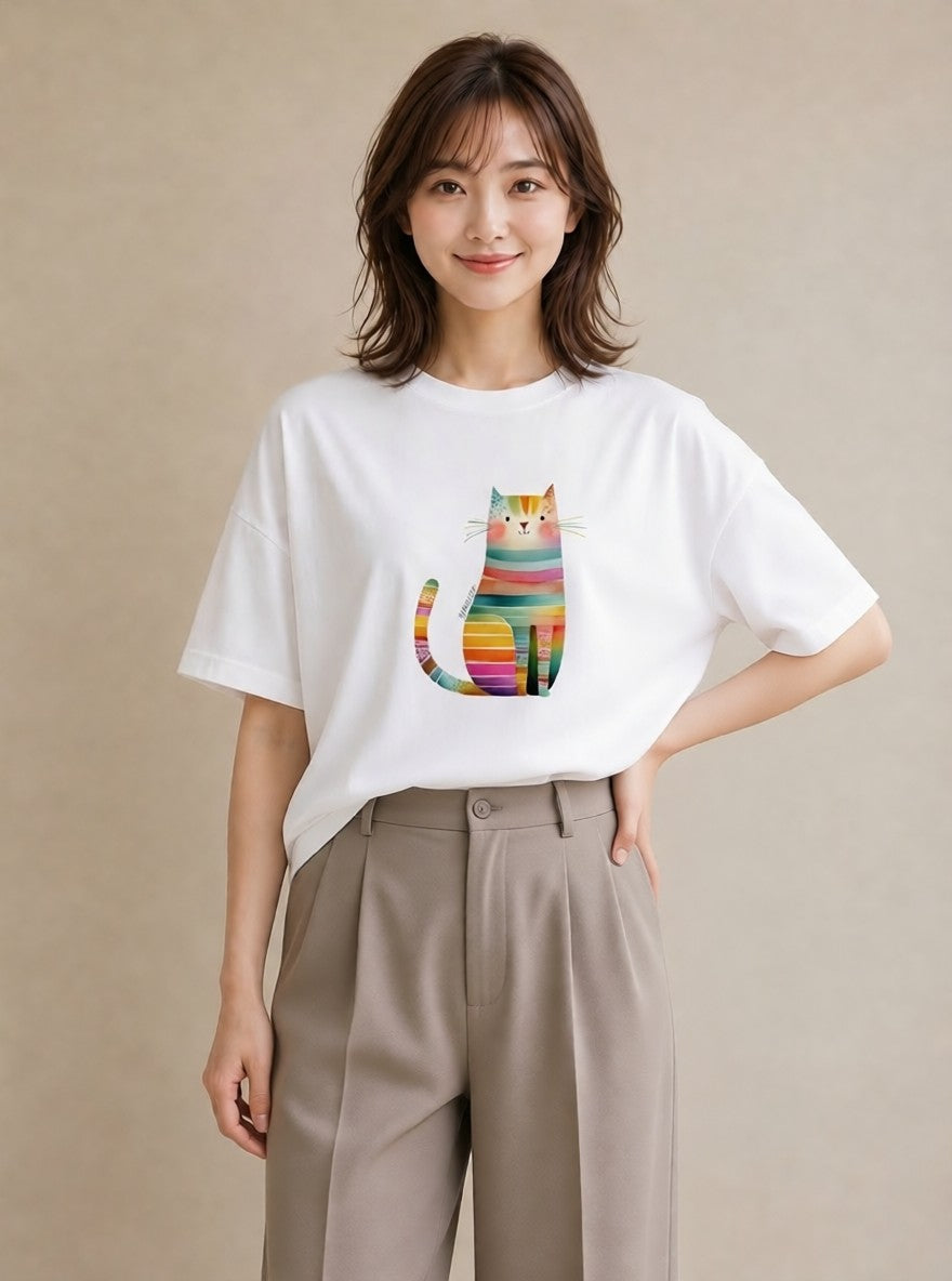 半袖Tシャツ レディース アメリカンショートヘア 猫 ねこ イラスト 旅行コーデ 部屋着 女性向けギフト 白T