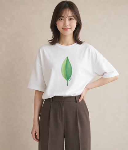 プリントTシャツ レディース シダ 植物 ボタニカル イラスト アート風 ビーチ デイリーウェア 白T