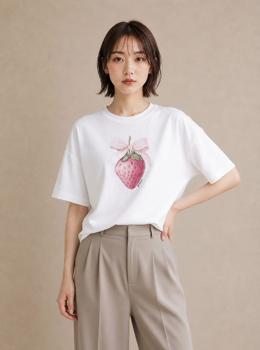 Tシャツ レディース いちご 苺 ストロベリー 食べ物 フード イラスト ミニマル ホワイトデー 春服 白T