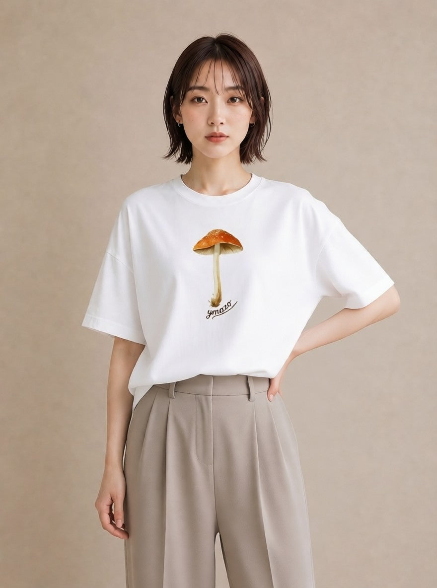 半袖Tシャツ レディース きのこ 植物 ボタニカル イラスト きれいめ お揃い 親子 白T