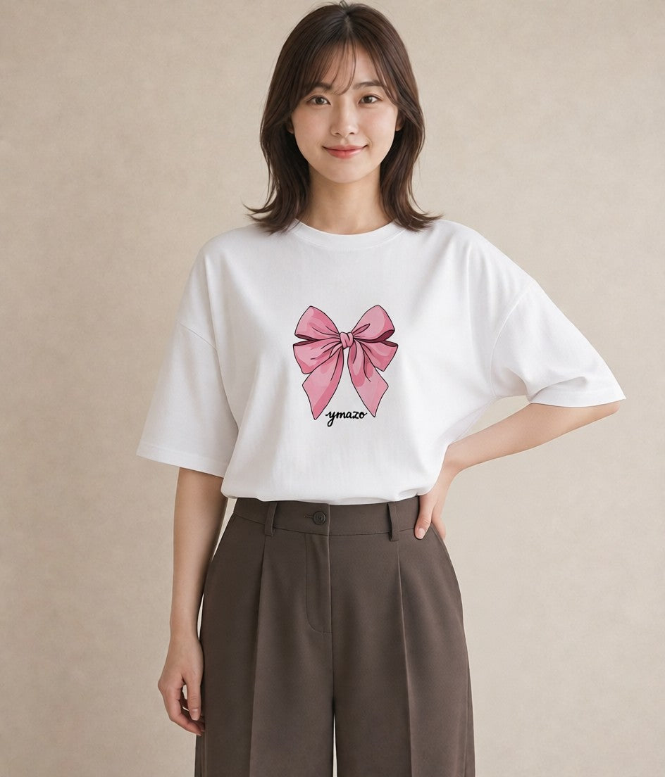 Tシャツ レディース リボン 蝶結び ナチュラル アンティーク イラスト ヴィンテージ風 女性 旅行用 白T