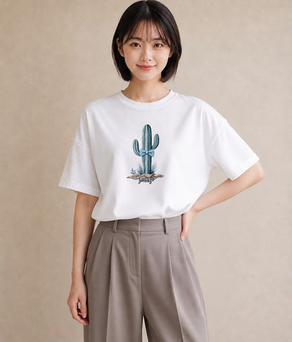グラフィックTシャツ レディース サボテン 植物 ボタニカル イラスト アート風 秋コーデ おしゃれギフト 白T