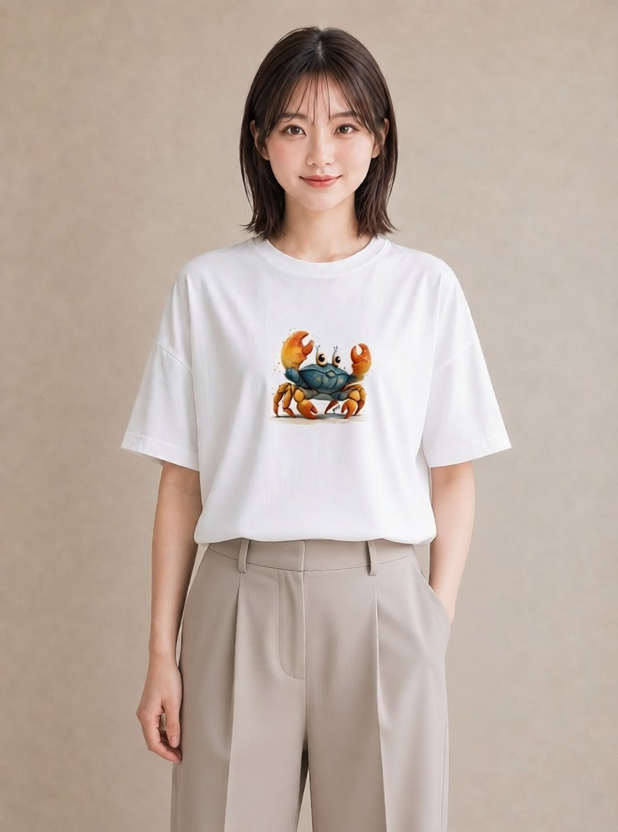 半袖Tシャツ レディース ヤドカリ 海の生き物 海 イラスト フェミニン ママ カフェ服 白T