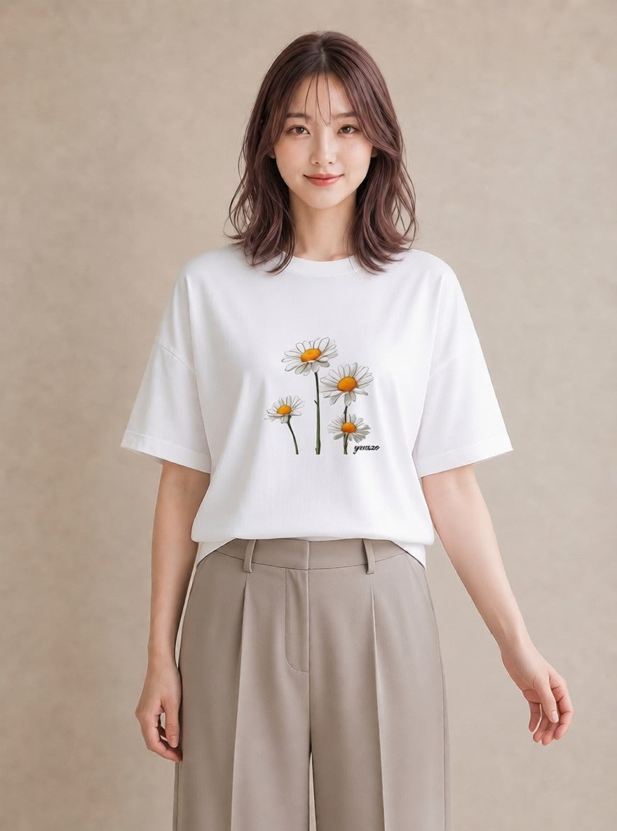 グラフィックTシャツ レディース デイジー 花 花柄 イラスト きれいめ 誕生日プレゼント 綿100 白T