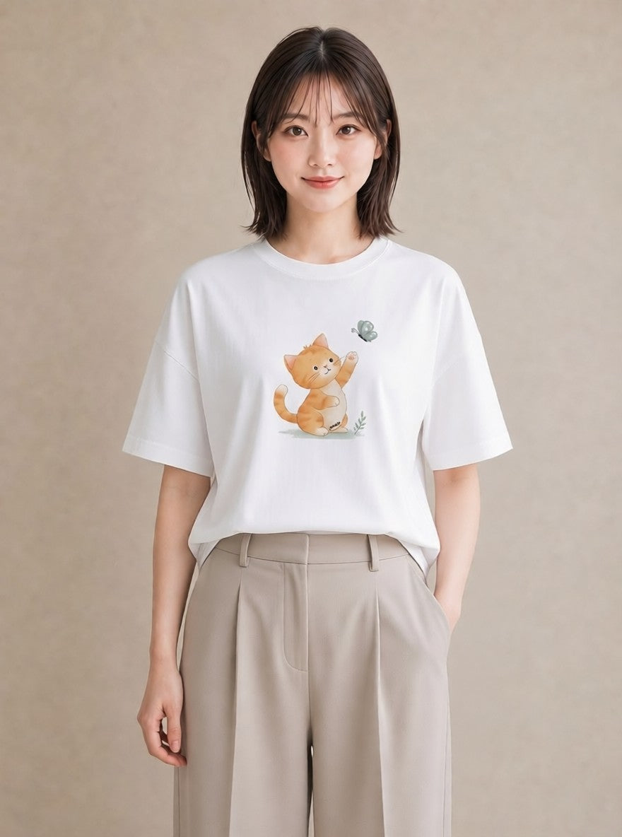 プリントTシャツ レディース 茶トラ 茶猫 猫 ねこ イラスト ラフカジュアル 友達ギフト 部屋着 白T