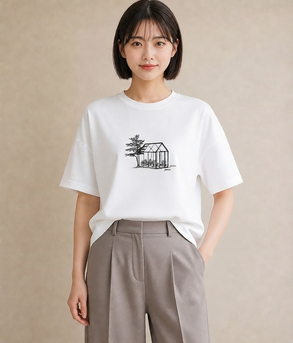 グラフィックTシャツ レディース 灯りの家 小屋 夜 ナチュラル アンティーク イラスト 水彩風 散歩 お出かけ 白T
