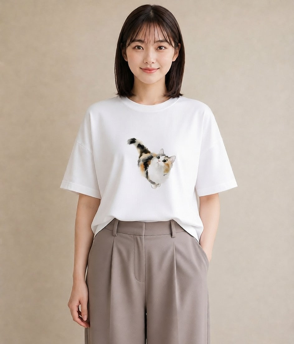 Tシャツ レディース アビシニアン 猫 ねこ イラスト 水彩風 春服 ミセス 白T