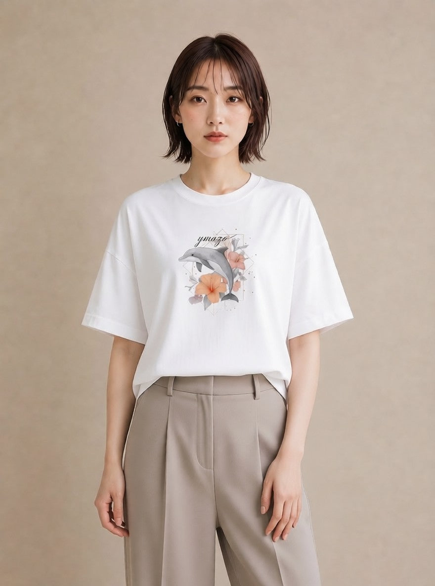 プリントTシャツ レディース イルカ 海の生き物 海 イラスト ミニマル 秋コーデ おしゃれギフト 白T