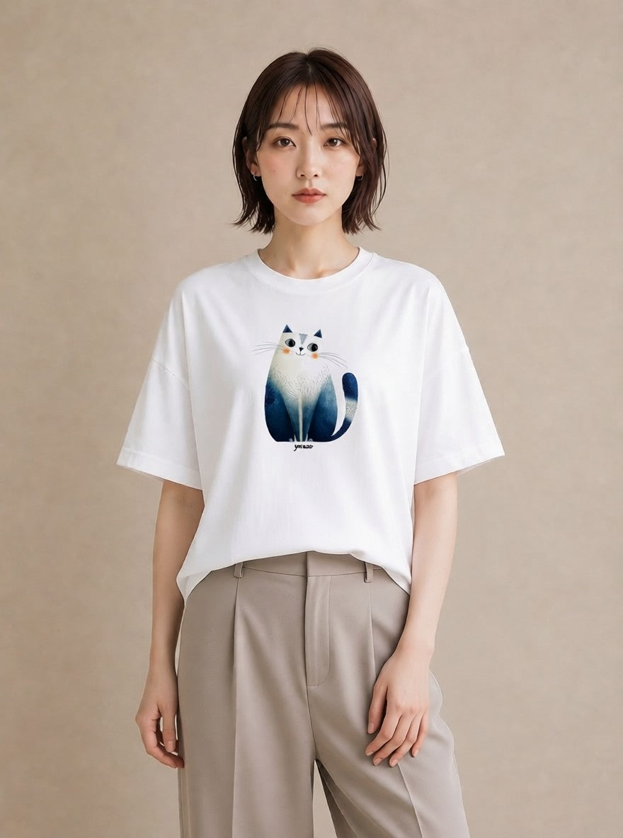 プリントTシャツ レディース 猫好き 猫 ねこ イラスト ミニマル 春服 ミセス 白T