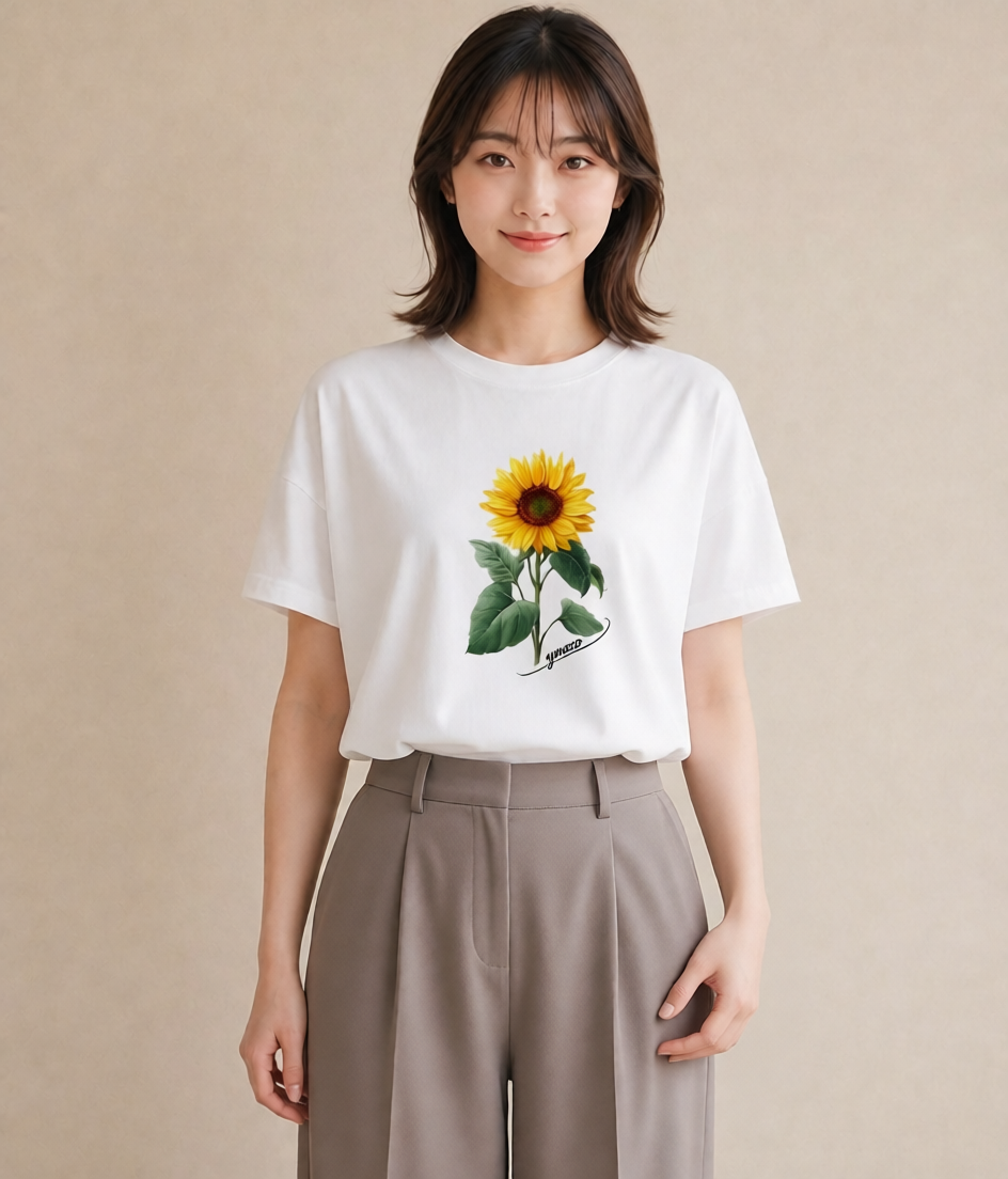半袖Tシャツ レディース ひまわり 向日葵 花 花柄 イラスト 北欧風 女性 旅行用 白T