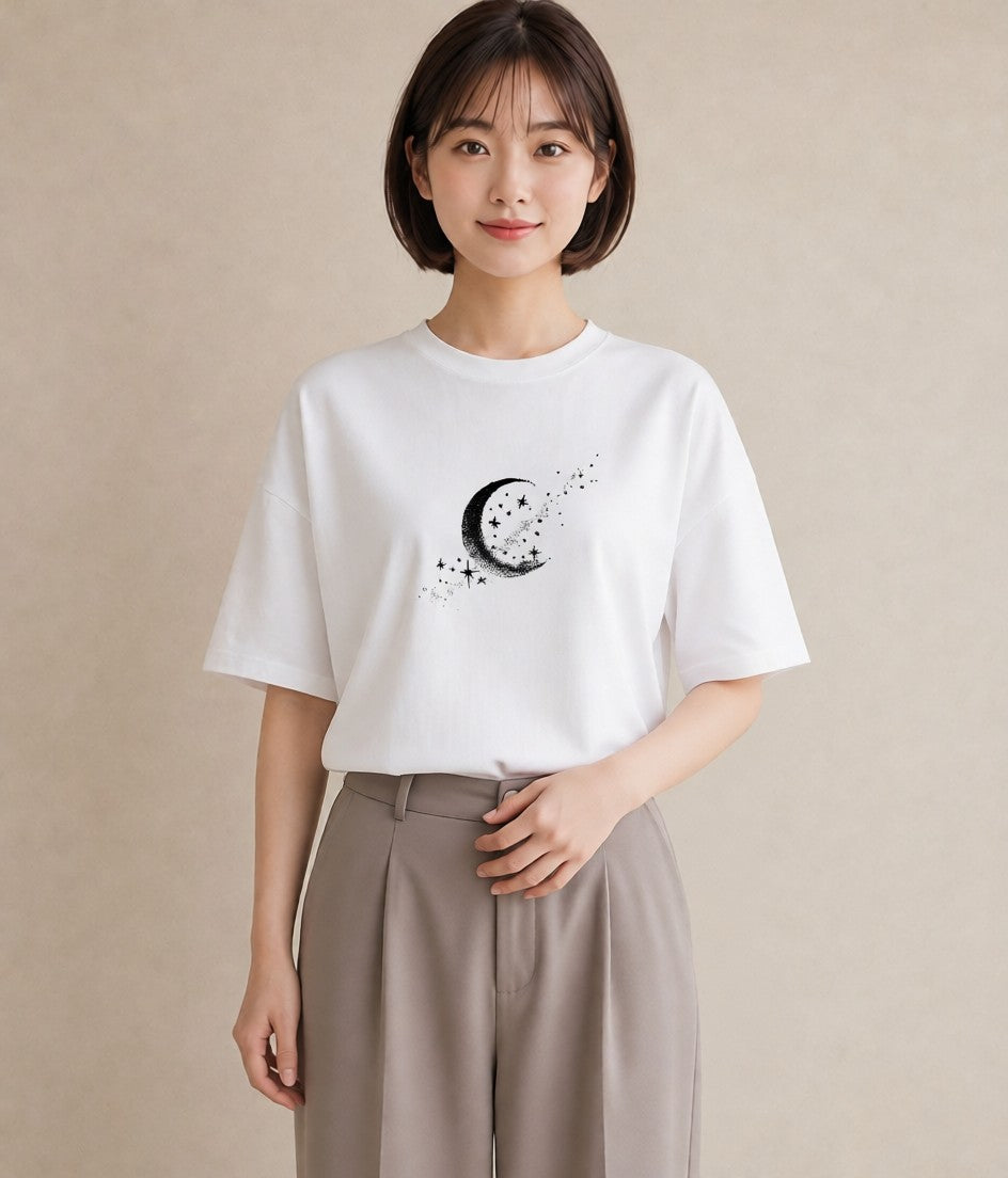 プリントTシャツ レディース 月と星 星空 ムーン イラスト カフェ巡り 女子会 白T