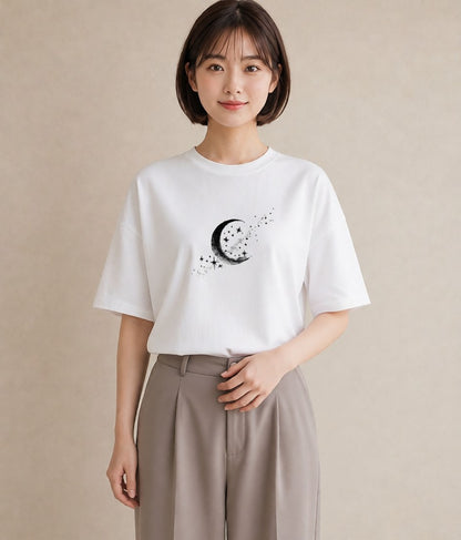 プリントTシャツ レディース 月と星 星空 ムーン イラスト カフェ巡り 女子会 白T