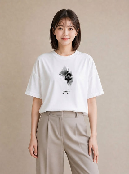 半袖Tシャツ レディース 遠い家と鳥 風景 鳥 ナチュラル アンティーク イラスト こなれ感 通勤 在宅 白T