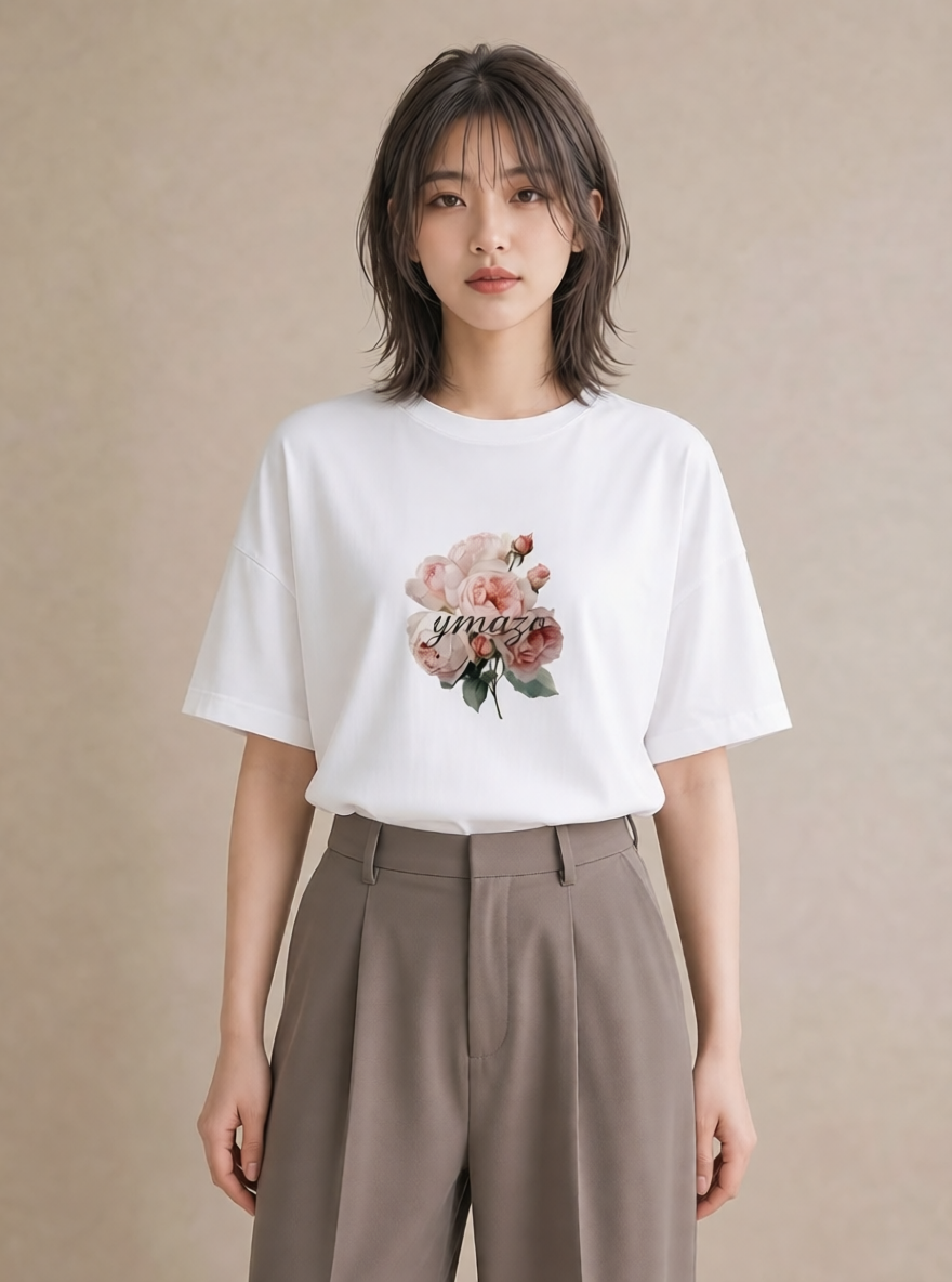 半袖Tシャツ レディース バラ 薔薇 ローズ 花 花柄 イラスト こなれ感 部屋着 女性向けギフト 白T
