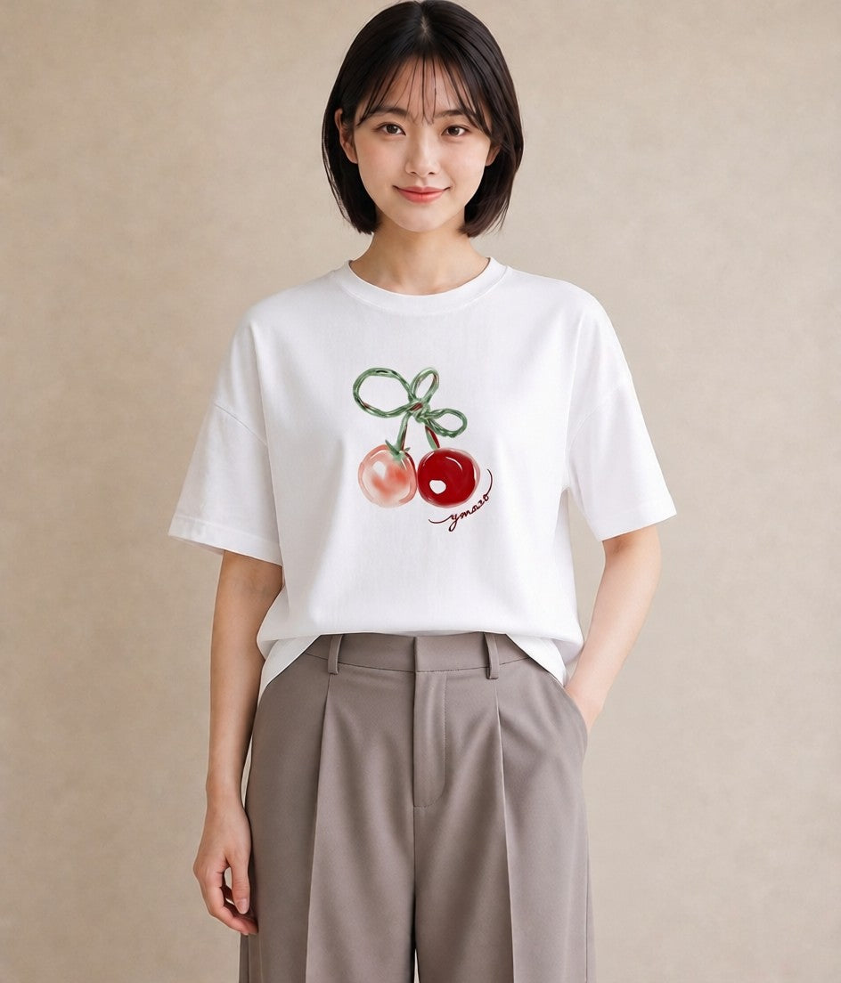 デザインTシャツ レディース りんご 林檎 アップル 食べ物 フード イラスト デイリーウェア 休日 白T