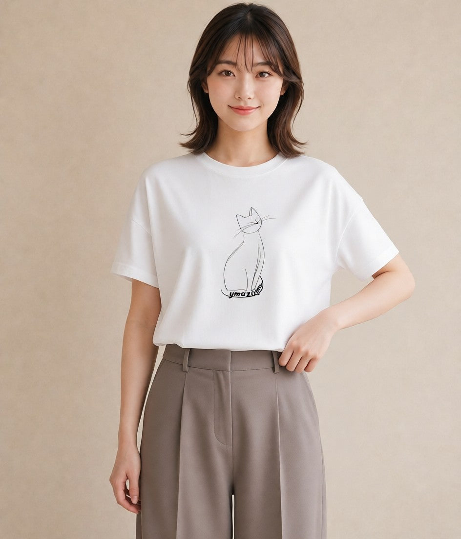 デザインTシャツ レディース 猫 ねこ ネコ イラスト ボタニカル 秋コーデ おしゃれギフト 白T