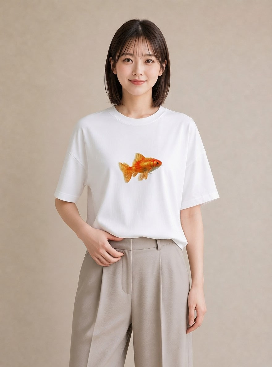 グラフィックTシャツ レディース らんちゅう ペット 動物 イラスト アート風 週末コーデ 敬老の日 白T