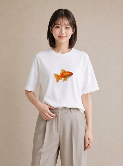 グラフィックTシャツ レディース らんちゅう ペット 動物 イラスト アート風 週末コーデ 敬老の日 白T