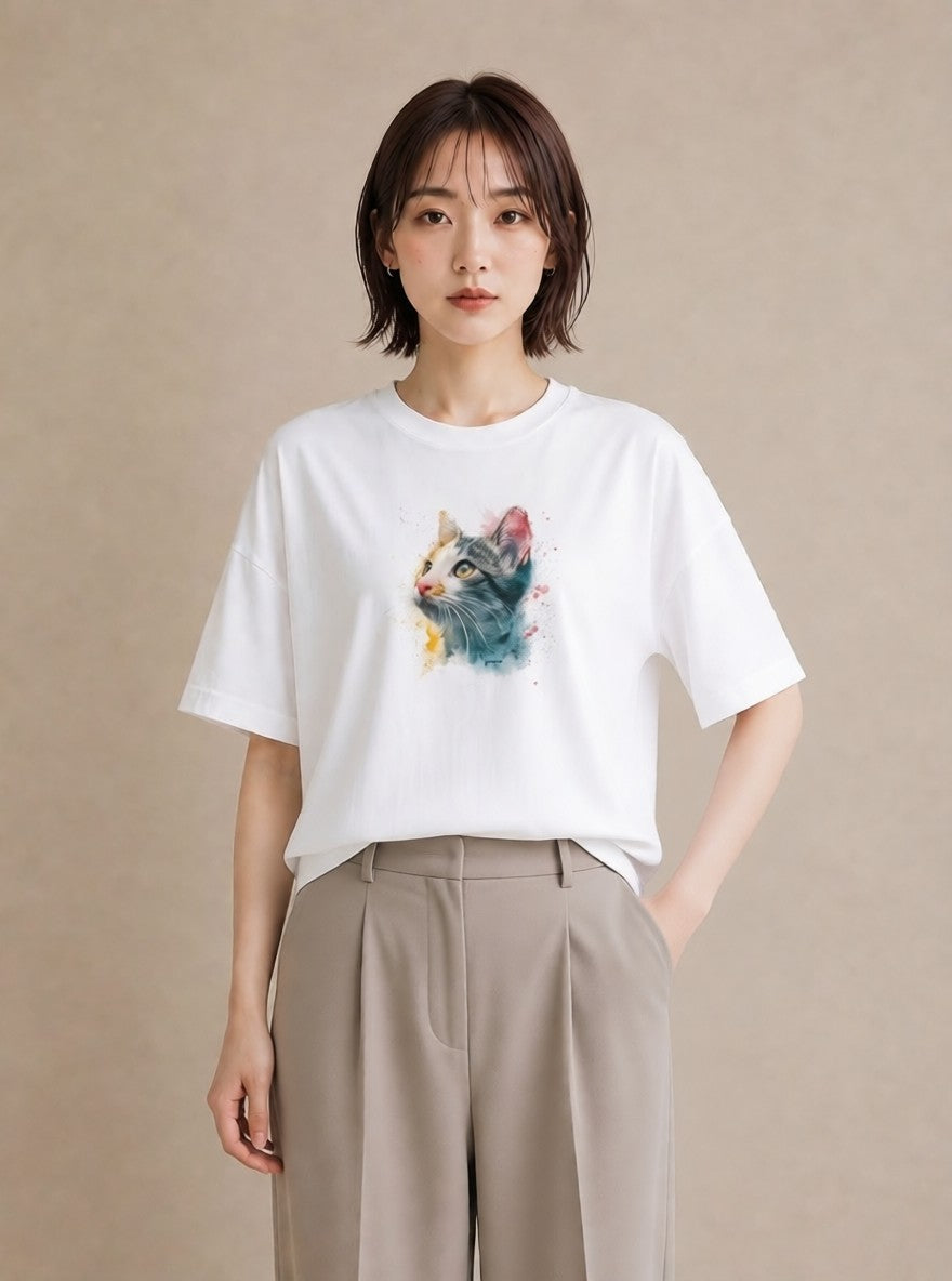 プリントTシャツ レディース ロシアンブルー 猫 ねこ イラスト ビーチ デイリーウェア 白T