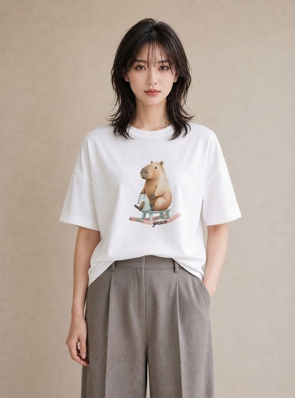 デザインTシャツ レディース モルモット ペット 動物 イラスト 淡色 旅行用 海 白T