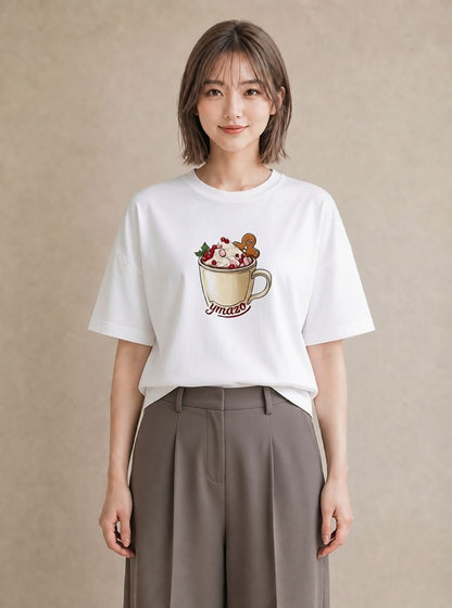 半袖Tシャツ レディース ココア 食べ物 フード イラスト レトロ 夏コーデ 通学 白T