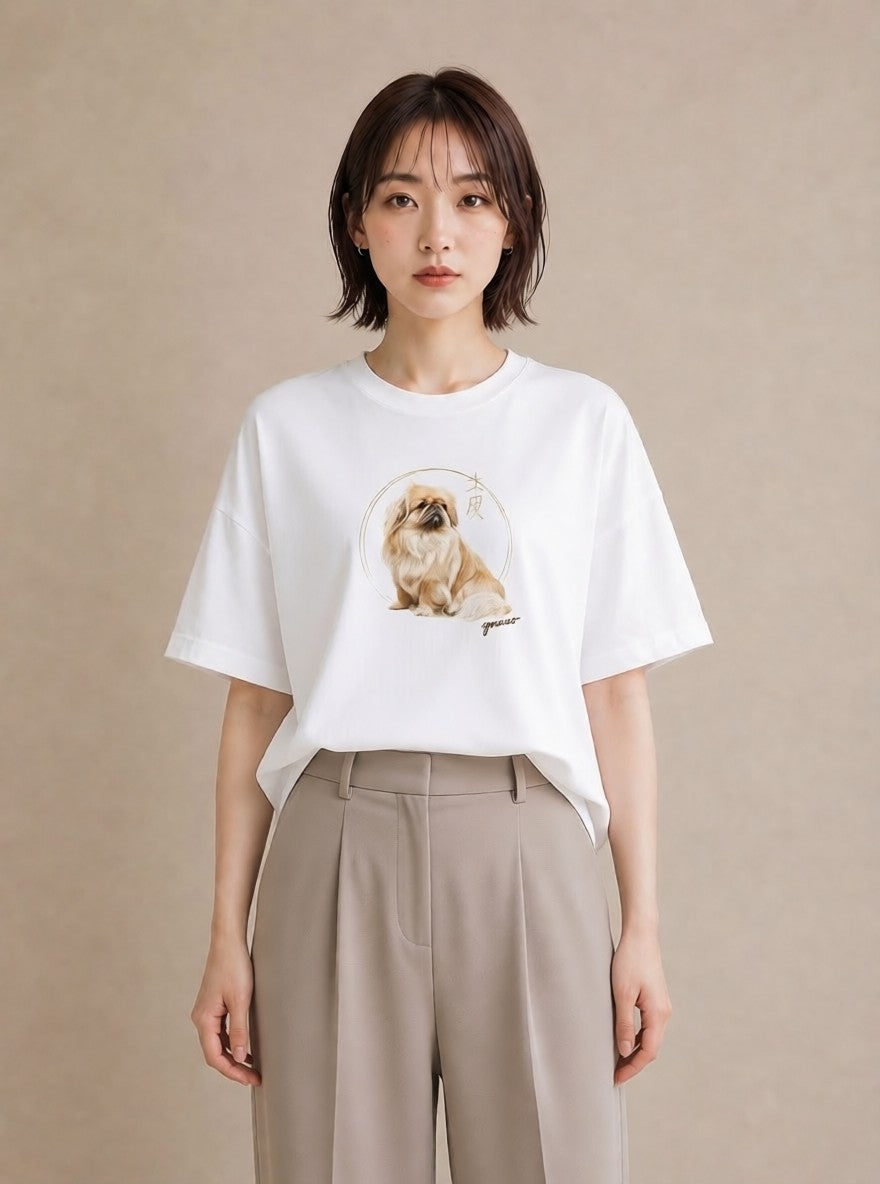 グラフィックTシャツ レディース 狆 犬 いぬ イラスト 20代 カジュアルコーデ 白T