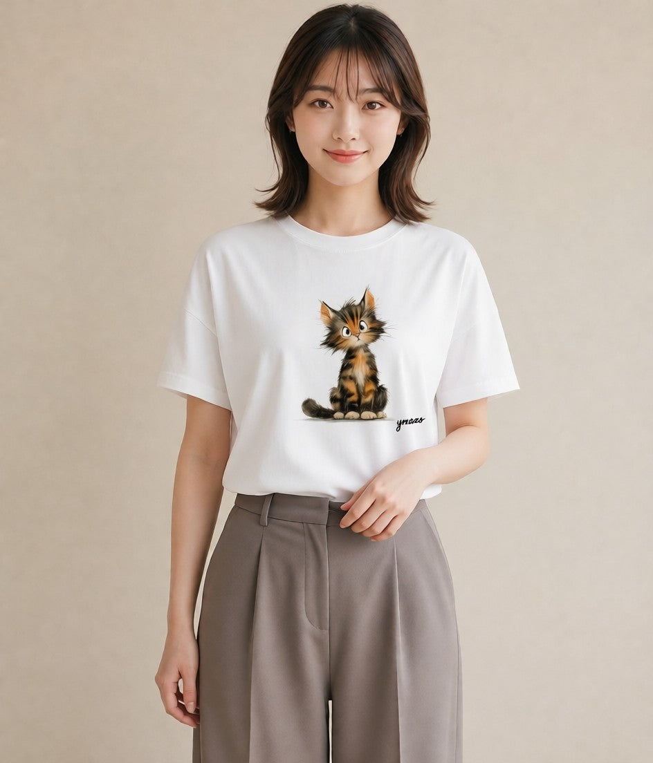 デザインTシャツ レディース 三毛猫 みけねこ 三毛 猫 ねこ イラスト 手描き風 お出かけ 普段着 白T